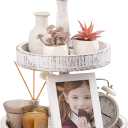 Farmhouse Two Tiered Wooden Tray Stand, UBTKEY 2 Tier Wood Round Decorative Tray with Metal Handle for Home Kitchen Seasonal Holiday Decorations, 17"x13" (Distressed White)