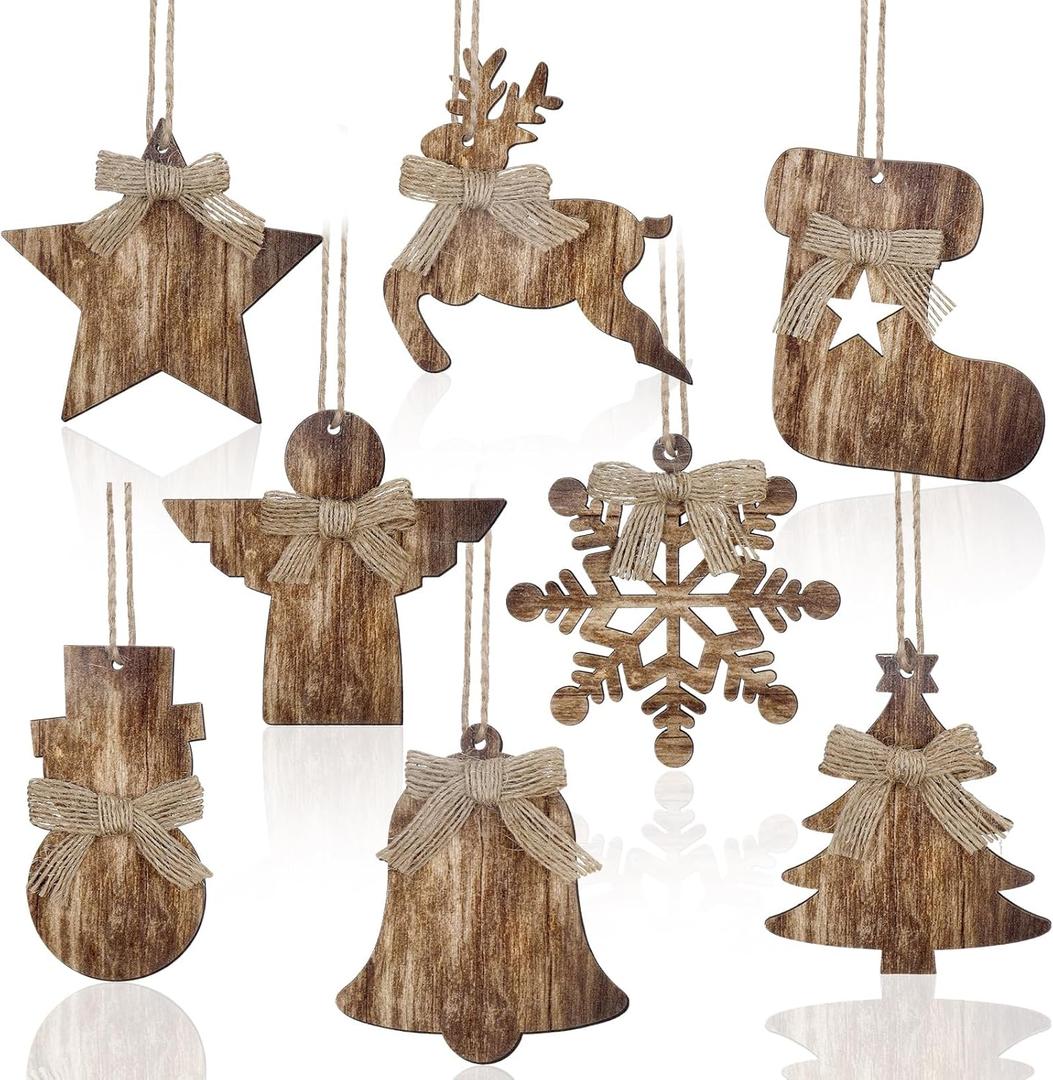 Lineshading 8 Pcs Rustic Christmas Tree Ornaments Wooden Farmhouse Christmas Ornaments Angle Snowflake Reindeer Tree Hanging Decor for Xmas Home Office Fireplace Winter (Brown,4.3 x 3.9 Inches)