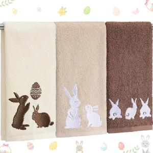 Fanfanwin 3 Pcs Easter Hand Towels for Bathroom Embroidered Bunny 100% Cotton Soft Absorbent Kitchen Dish Towels 14 x 29 Inch Easter Decorative Rabbit Bathroom Decor for Spring Home Decor Gift (Beige, Khaki, Brown)