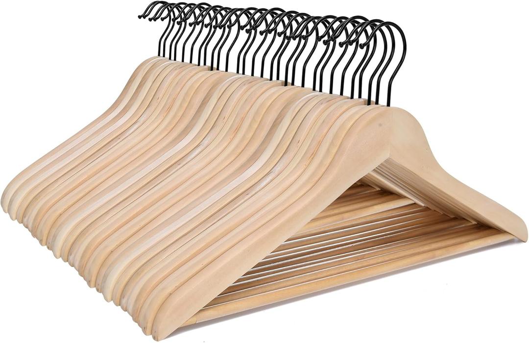 JS HANGER Wooden Coat Hangers, 30 Pack High Grade Wood Suit Hangers with Non Slip Pant Bar - Extra Smooth and Splinter Free, Unvarnished