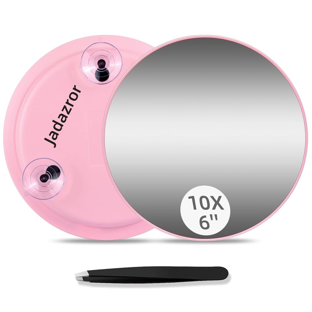 Jadazror-10X Makeup Magnifying Mirror, 6inch Hand mirrors Makeup Magnification and Tweezers Set, 10X Travel Magnified Mirror with Suction Cups for Easy Mounting-Blackhead/Blemish Removal for Women Men
