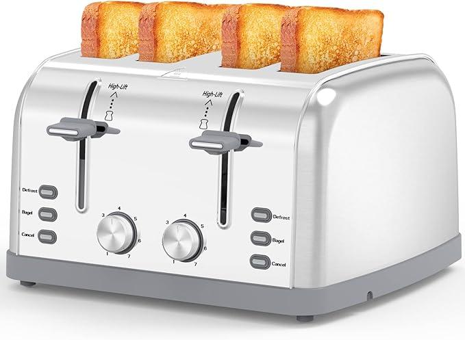 Toaster 4 Slice Retro Stainless Steel,Best Prime 4 Slice Toaster Wide Solt with 7 Shade Settings, Perfect for Waffles, Bagels and More Lainsten T527