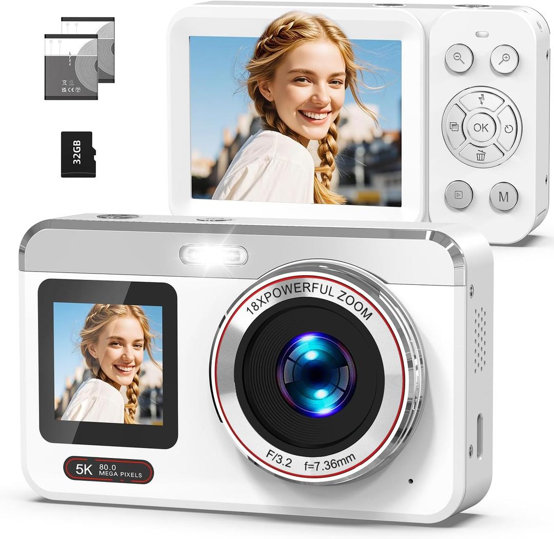 Hoorola 5K Digital Camera, 80MP Dual Screen Autofocus Vlogging Camera, 18X Zoom Point and Shoot Camera for Photography, Flash, 32GB Card, 2 Batteries, Compact Camera for Teens Adults (White)