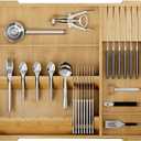 Bamboo Silverware Drawer Organizer, 17.72-29.53 Inch Expandable Large Kitchen Drawer Organizer, 5-8 Slot Flatware with Removable Card Slots & Knife Block for Spoon Butter Knive, Natural
