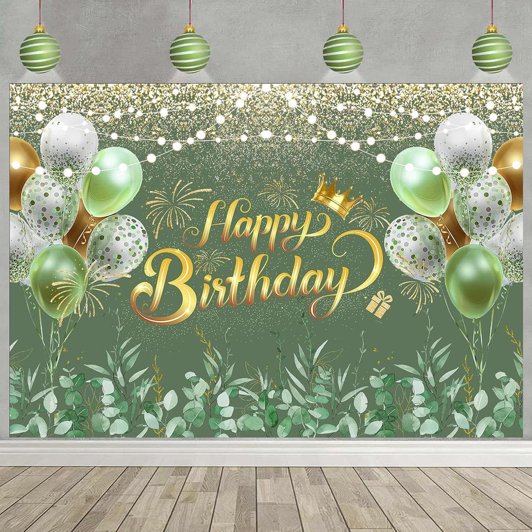 Greenery Sage Green Happy Birthday Banner Backdrop Decorations Eucalyptus Leaves Women Birthday Banner Green Glitter Ballon Background Party Decoration Cake Table Banner Supplies 72x44 inch