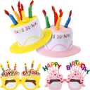 Coume 2 Plush Birthday Hats for Adults, 2 Sweet Cream Glasses, Party Novelty Decorations Happy Birthday Hats (Pink, Yellow)