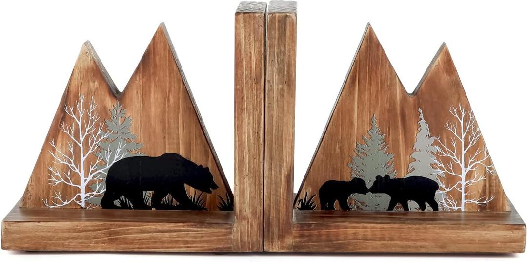 NIKKY HOME Heavy Duty Non Slip Rustic Woodland Mountain Wood Bookend Cute Bear Book Ends Book Stoppers for Cabin Decor Home and Office Shelves Children
