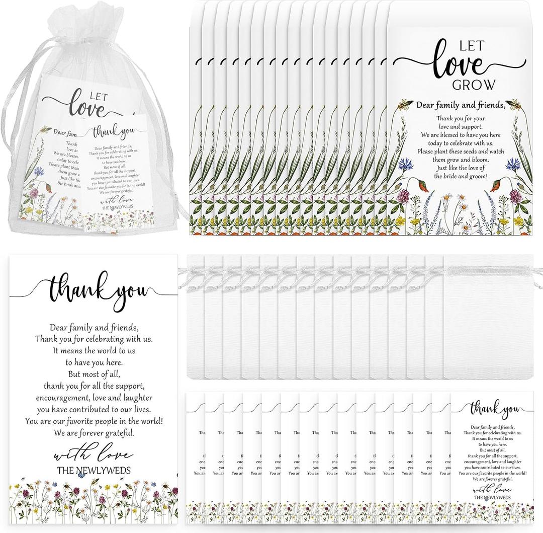 Ctosree 100 Set Wedding Favors for Guests Bulk Include 100 Pcs Self Adhesive Seed Packets Kraft Paper Seed Envelopes Let Love Grow Cards and Organza Gift Bags for Bridal Shower (Retro)
