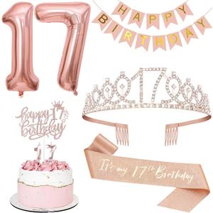 17th Birthday Decorations Set, Including 17th Tiara and Sash, Happy Birthday Banner, Cake Toppers, Number Candles and Balloons Set, Rose Gold