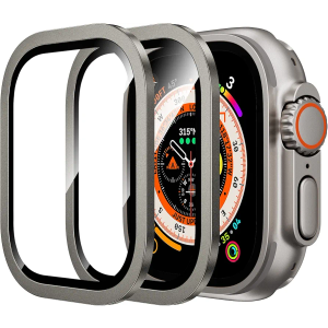 WSKEN for Apple Watch Ultra 2 Screen Protector, 49mm, 9H Tempered Glass + Titanium Alloy Frame, Lightweight Protective Glass Film for iWatch Ultra 2 Pack