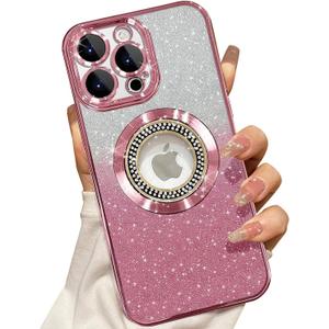 Misscase for iPhone 15 Pro Magnetic Glitter Case Compatible with MagSafe,Full Protection Slim Shockproof Anti-Scratch Case with Camera Lens Protector Logo View Dust-Proof Net for Women 6.1 Inch Pink