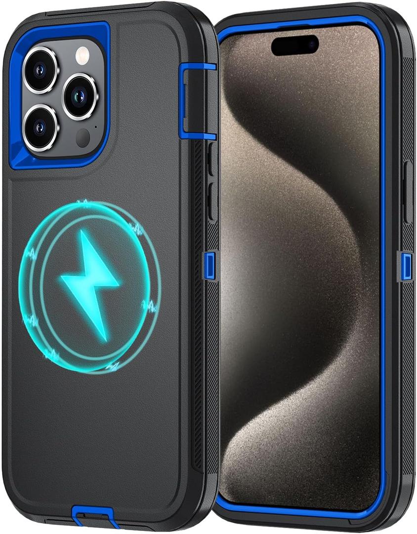 For iPhone 15 Pro Max Case [Compatible with MagSafe], Heavy Duty Shockproof 3-Layer Full-Body Protection Rugged Cover, Drop-Resistant and Wireless Charging Friendly (Black/Blue, iPhone 15 Pro Max)