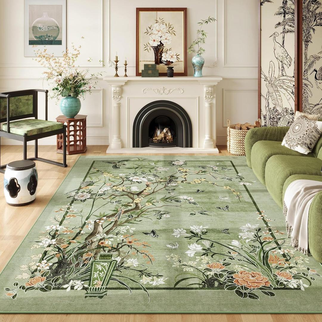 Area Rugs 8x10 Clearance Chinoiserie-Style Floral Vintage Machine Washable Non Slip Low Pile Large Rug for Bedroom, Farmhouse, Dining Room, Kids Playroom, Green