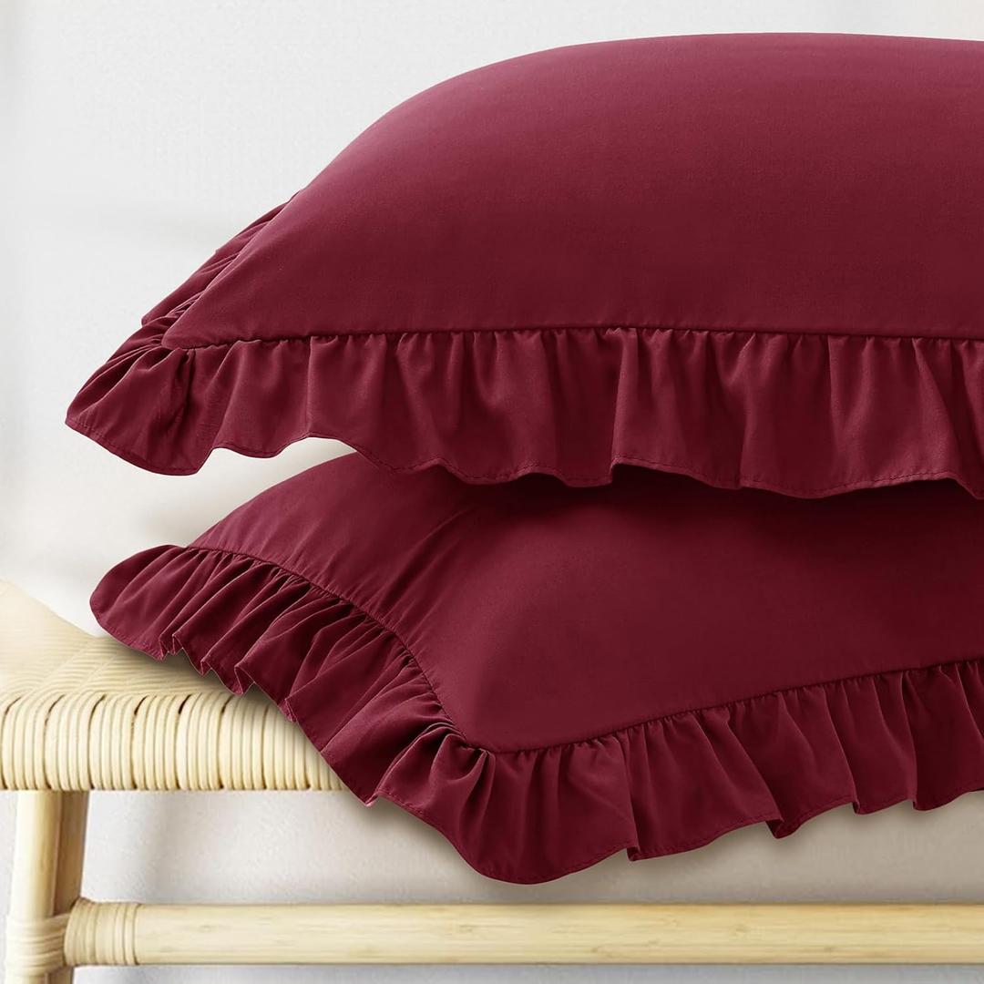 KKJIAF Ruffle Pillow Cases Standard Size Set of 2, Ruffled Pillow Covers with Envelope Closure, Wrinkle Resistant Ruffled Pillow Shams 20" x 26", Burgundy