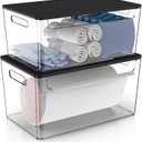 COAZEX 2 Pack Trash Bag Holder Under Sink Stackable, Plastic Garbage Bag Dispenser with Lid, Trash Bag Storage Dispenser Roll Holder for Kitchen, Pantry, Laundry Room Organization (Black Lid)