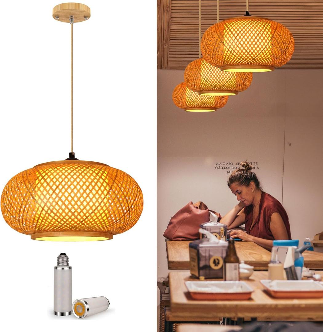 Pendant Light Fixture with Hand Woven Bamboo Lamp Shade Hanging Light Fixtures Boho Wicker Rattan Ceiling Lights for Dinning Living Kitchen Island Room Bedroom (Ceiling - Basket Plus)