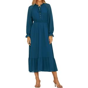 Sunny Spirit Women's Floral Boho Midi Dress 2025 Spring Fall Long Sleeve V Neck Chiffon A-Line Flowy Party Dresses (L)