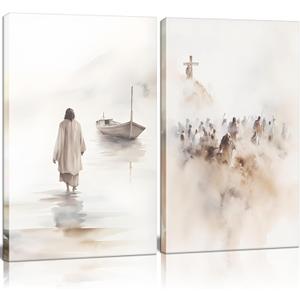 2Pcs Framed Jesus Wall Art Christian Bible Canvas Wall Decor God Poster Minimalist Boho Home Pictures Posters Prints Religious Paintings Room Bedroom Church Decorations Ready to Hang 12x16Inch (white)