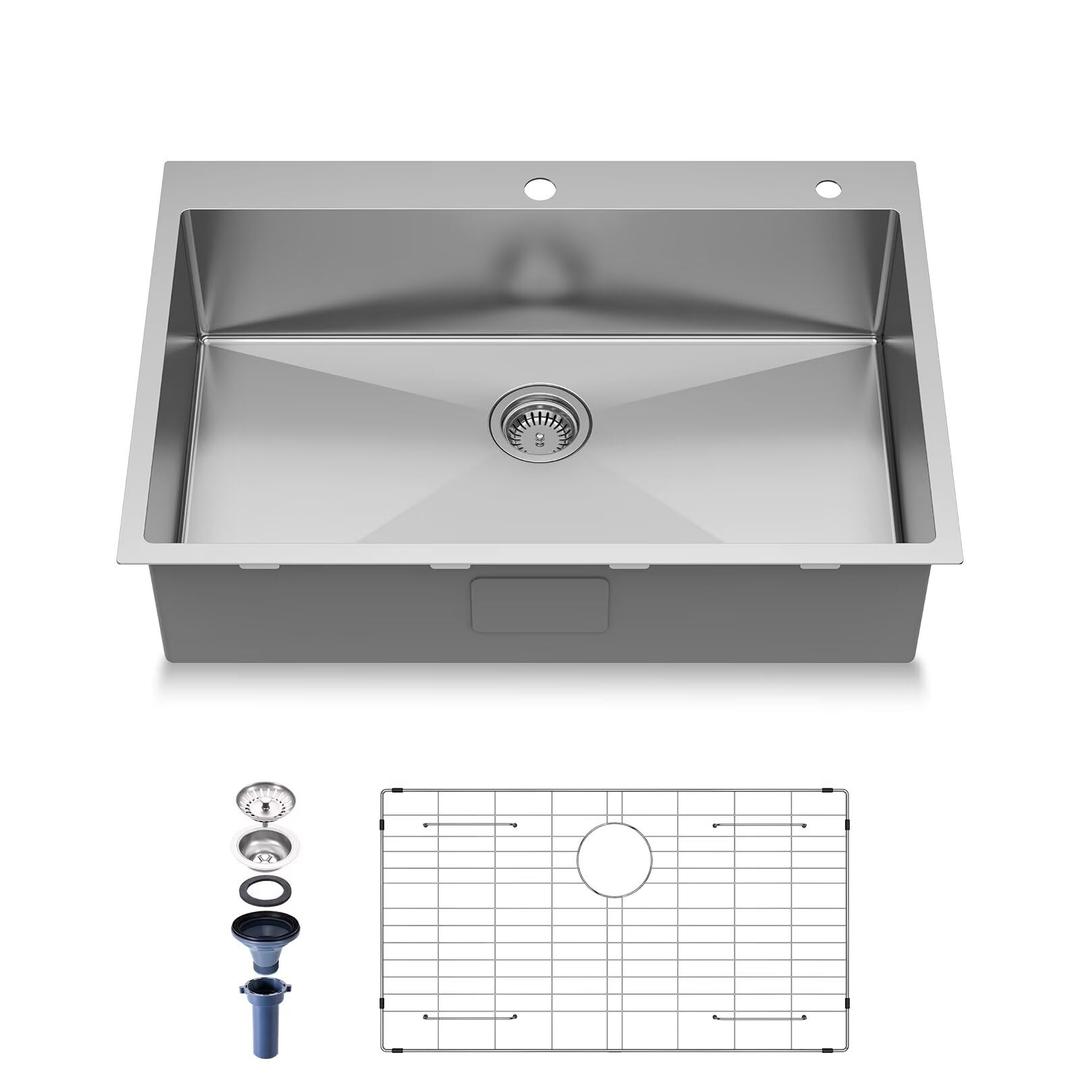 Frogink 25" Drop in Kitchen Sink Handmade Topmount 16 Gauge 304 Stainless Steel Single Bowl Kitchen Sink with Accessary in 25"Lx22"Wx10"D