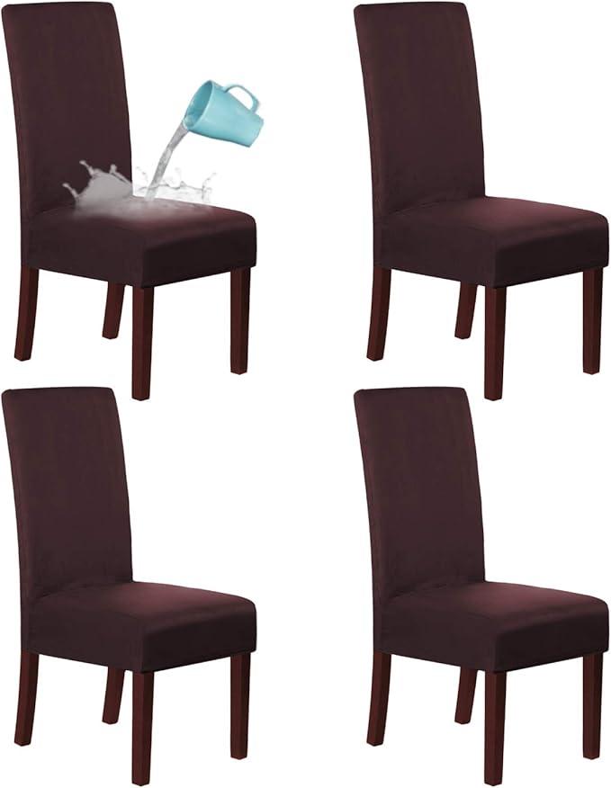 H.VERSAILTEX Suede Dining Room Chair Covers Dining Chair Slipcover Parsons Chair Slipcover Velvet Chair Covers for Dining Room Set of 4, Soft Stretch Removable High Back Chair Protector, Brown
