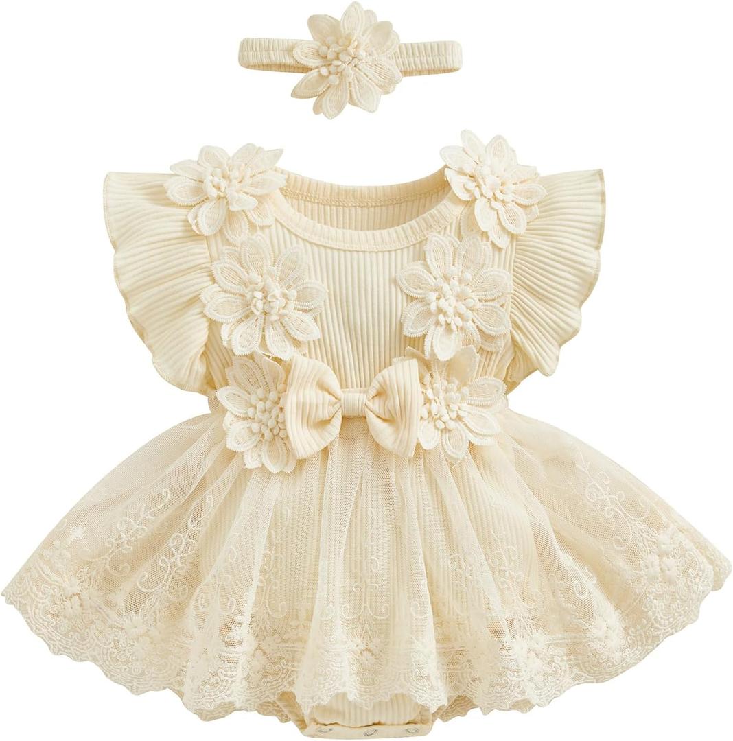 Whoizai Baby Girl Dress Romper Flowers Embroidery Baby Lace Romper Infant Girl Summer Spring Clothes With Headband (Beige,9-12 Months)