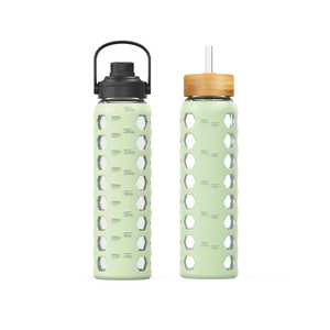 MUKOKO Glass Water Bottles,32oz Glass Tumbler with Straw,Drinking Bottles with 2 Lids-Handle Spout Lid&Bamboo Straw Lid,Motivational Water Bottle with Time Marker and Silicone Sleeve,1 Pack-Mustard