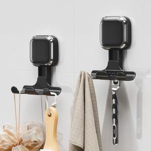 LEVERLOC Vacuum Suction Cup Razor Holder for Shower 2 Pack, Heavy Duty Shower Hooks for Towel, Loofah, Razor, Cell Phone, Damage-Free Hanging Plated Suction Cup Hooks, Easy to Install and Reuse, Black