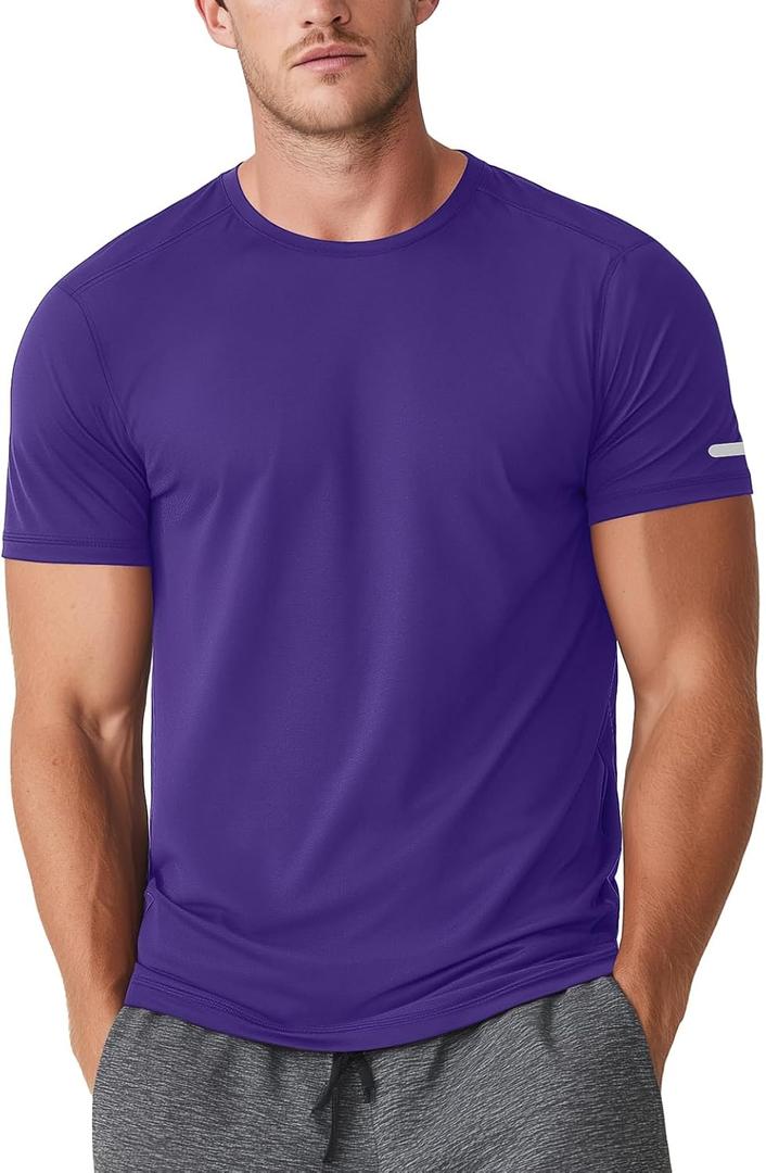Zengjo Athletic Shirts For Men Short Sleeve Quick Dry Moisture Wicking Tee | Stretch Jersey, Tagless Neck, 4-Needle Flatlock Seams, Workout Sessions, Gym Training, Running, Outdoor Exercise (Purple, M)