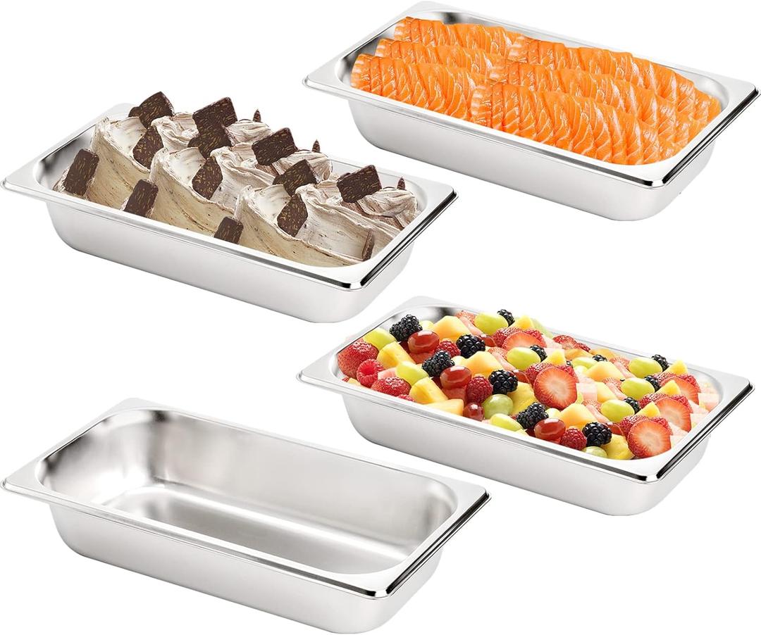 TOPZEA Set of 4 Stainless Steel Steam Table Pan 1/3 Size, 2.5" Deep Anti-Jam Breading Tray, Buffet Dinner Food Serving Hotel Pan for Food Warmer, Preparing Bread-Crumb Dish, Marinating Meat