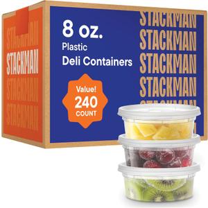 [240 Sets - 8 oz.] Clear Plastic Containers with Airtight Lids - Deli Food Storage, Slime, and More - Bulk Pack - Small Containers with Lids - 240/Case - Stack Man Brand