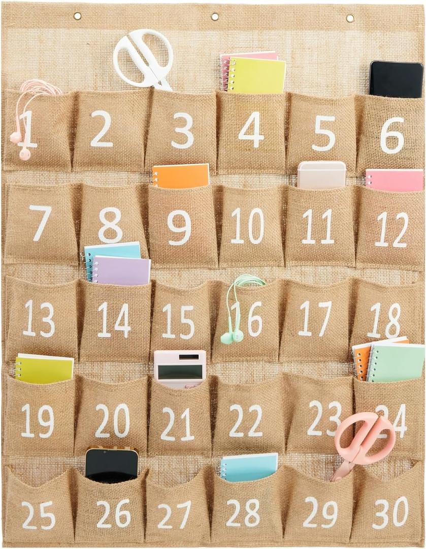 Juvale 30-Row Burlap Cell Phone Holder for Classroom, Farmhouse Designed White Numbered Hanging Pocket Organizer for Mobile Phones, Calculator Caddy, Organization (23.6 x 31 in)