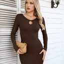 VICHYIE Women Dress Cutout Neck Bodycon Keyhole Ribbed Long Sleeve Tight Fall Mid Thigh Pencil Above Knee Mini Dresses Coffee L (Brown, L)