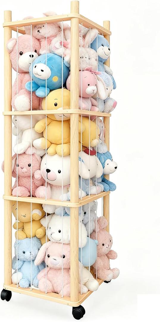Stuffed Animal Zoo Storage - Sturdy Solid Wood Toy Organizer with Lockable Wheels, Easy-Assemble/Clean, Large Capacity Plush Toy Cage, Space-Saving for Toddler/Playrooms/Bedrooms