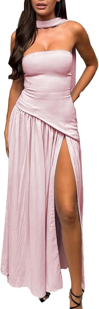 Women Strapless Corset Asymmetrical High Split Flowy Maxi Dresses Evening Gown Wedding Guest Dress with Scarf (S)