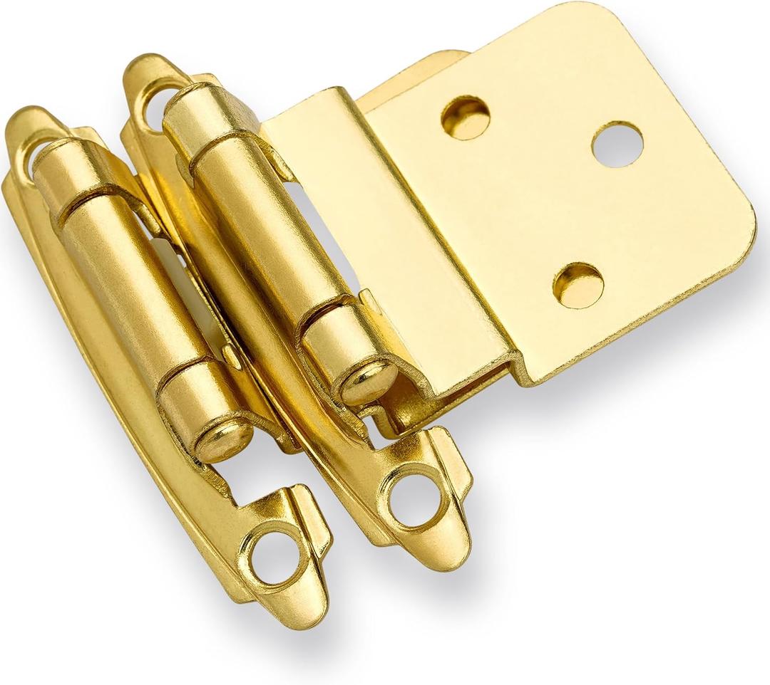 DecoBasics 3/8" Inset Cabinet Hinges Gold (25 Pair -50 Pcs) Offset Self Closing Cabinet Hinges for Kitchen Cabinets Brass Plated w/Silicon Bumpers & Upgraded Screws
