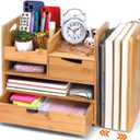 ZOOFOX Bamboo Desk Organizer with Adjustable File Holder, Mail Organizer Countertop with Drawer, 4-Tier Desktop Organization and Desk Accessories for Home Office School Supplies, No Assembly Required