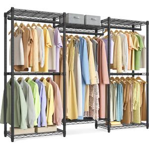 SONGMICS Heavy-Duty Clothes Rack, Garment Rack, Portable Closet, 68.7-Inch Wide Clothing Rack with Adjustable Mesh Shelves and Hanging Rails, Ink Black ULGR433B01 (Medium)