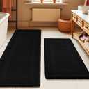 Upgrade Waffle Bath Mat Set 2 Piece , Boho Bathroom Rugs Absorbent Non Slip, Ultra Soft Bathroom Mat, Machine Washable Knit Bath Rugs with Tassels for Bathroom, Bedroom, Kitchen, Shower, Tub, Black