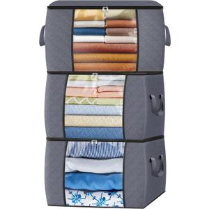 Fab totes 90L Clothes Storage, Foldable Thick Fabric Blanket Storage Bags, Containers for Organizing Bedroom, Closet, Clothing, Comforter, Organization with Handle (3 Pack,Grey)