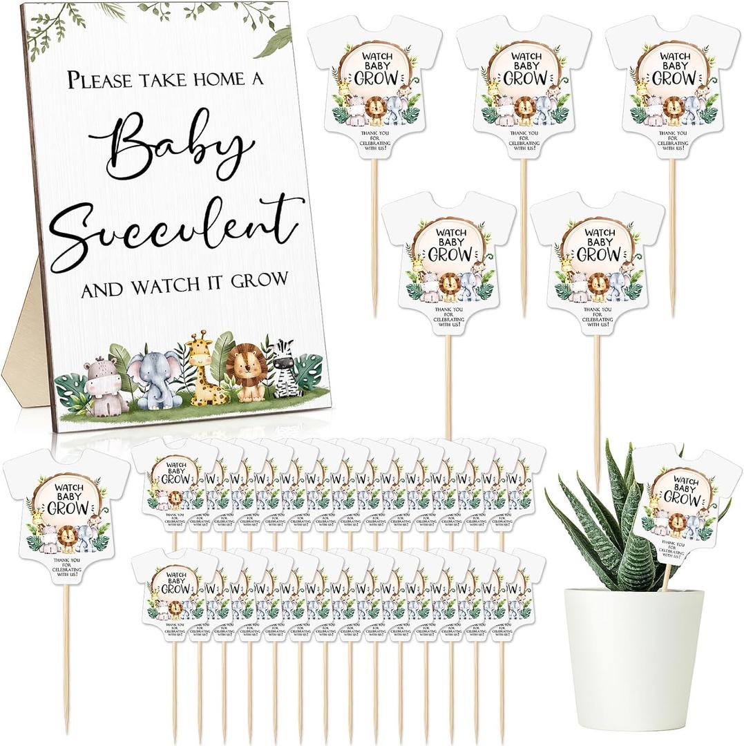Newcotte 50 Sets Baby Shower Party Favors Succulent Tags with Wooden Table Sign - Cactus Succulent Plant Markers for Baby Shower Decoration, Gift Favors, Gender Reveal Party(Animal)