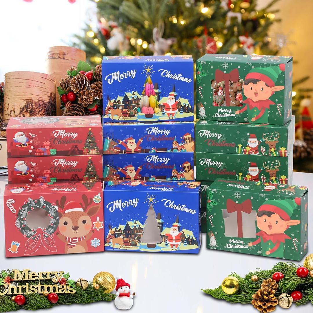 SAITI 24 PCS Christmas Cookie Boxes Bakery Christmas Treat Boxes Christmas Cookie Tins with Lids Christmas Cookie Gift Baking Box for Gift Giving Holiday Party Food Packaging Containers, Update 2025