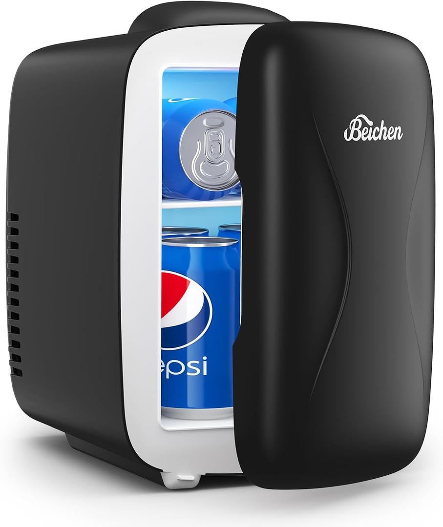 BEICHEN Mini Fridge, 4 Liter/6 Can Portable Cooler and Warmer Fridge for Drinks Skincare Food – Fast Cooling & Ultra-Quiet, Small Compact Refrigerator for Bedroom, Cosmetics, Office and Car(Black), 10.41" x 7.74" x 11"