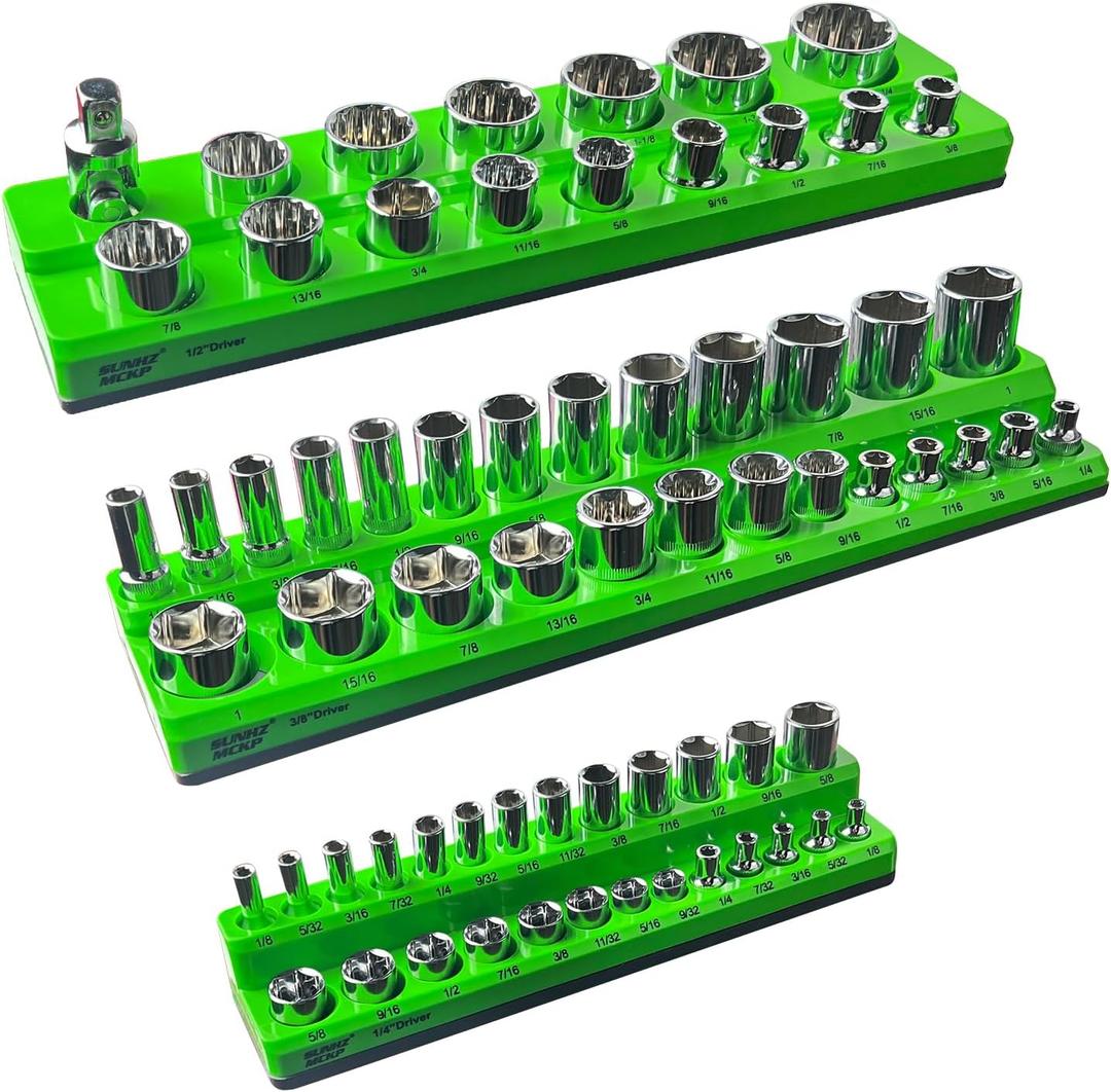 SUNHZ MCKP SUNHZMCKP Socket Organizer Set 3 Piece, Magnetic Socket Holder Kit Includes 1/2 in, 3/8 in, 1/4 in Drive SAE Socket Trays, Holds 68 Shallow and Deep Sockets Slots, Standard Hole Size