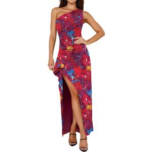 Prinbara Womens One Shoulder Floral Bodycon Maxi Dress 2026 Summer High Split Cocktail Formal Wedding Guest Long Prom Dresses S
