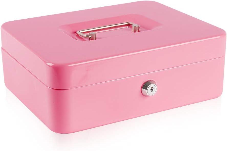 KYODOLED Large Metal Cash Box with Money Tray and Lock,Money Box with Cash Tray,Cash Drawer,9.84"x 7.87"x 3.54" Pink Large