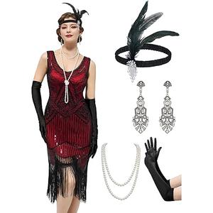 1920s Dresses for Women, Sequin Fringed Gatsby Flapper Cocktail Dresses with 20s Accessories Set, Roaring 20s Costumes XXL