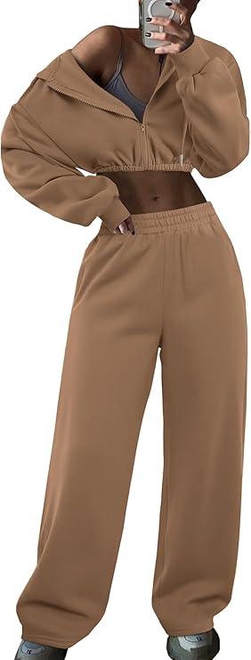 LovelyWholesale Sweatsuits Women 2 Piece Outfit Cropped Zip Up Hoodie and Sweatpants Sets small