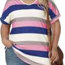 DOLNINE Plus Size Tops for Women V Neck Color Block Striped Tshirts Loose Fit Short Sleeve Shirts Casual Summer Tunic Tees (Pink, XXL)