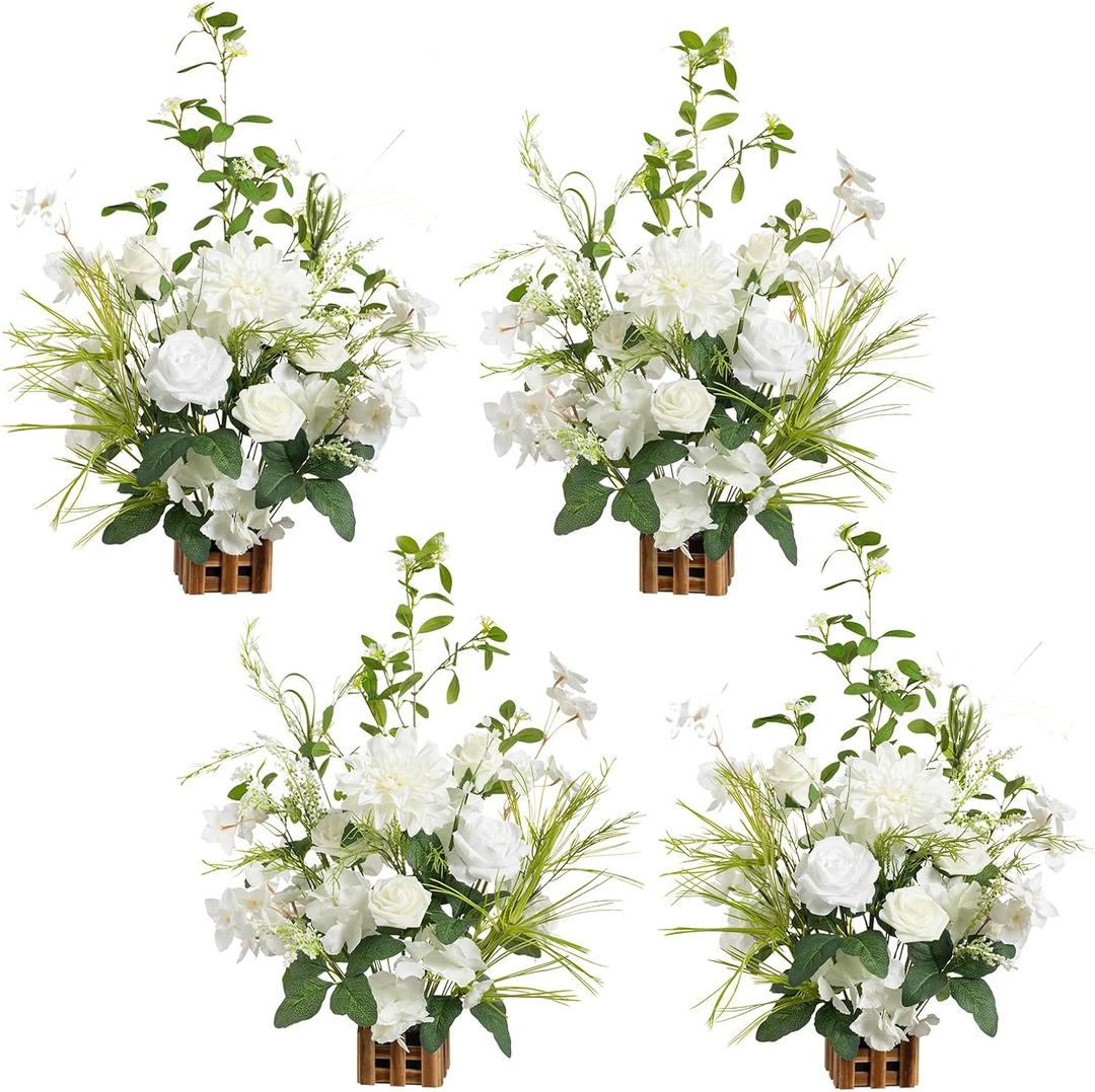 Ling's Moment 17.5" Tall Free Standing Artificial Flowers Arrangements 4 pcs Fall Wedding Aisle Runner Chair Decorations Lily of The Valley Ceremony Reception Rose Floral Party Outdoor Centerpieces (Wht-lily White & Olive)