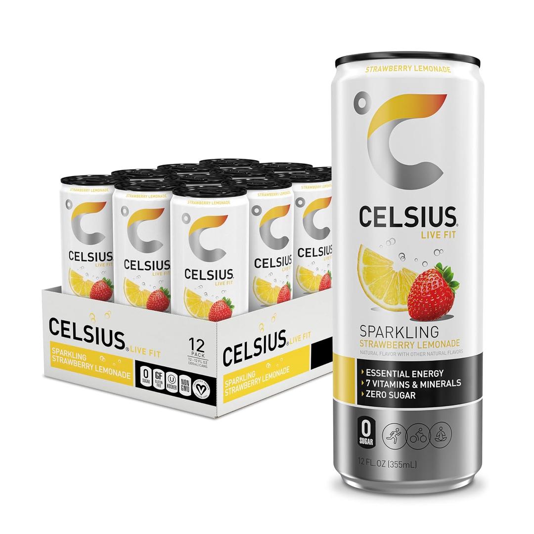 CELSIUS Sparkling Strawberry Lemonade, Sugar Free Energy Drink, 12 Fl Oz (Pack of 12) (EXP 11/30/25)